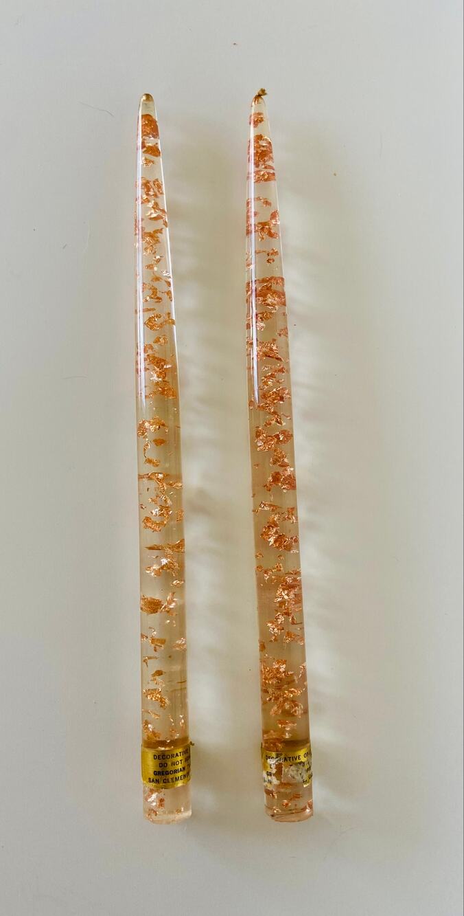 VINTAGE Gregorian Clear & Copper Flecks Lucite Taper Candles MCM Home Decor